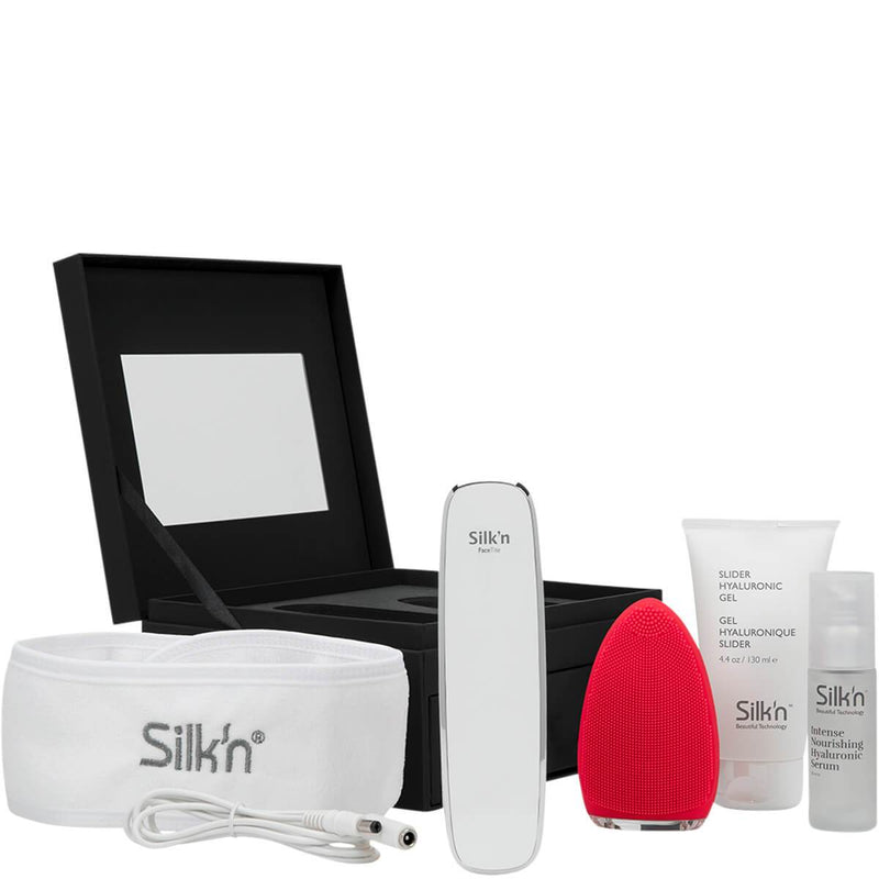 Silk'n FaceTite Ritual complete package with Silk'n FaceTite Device, Nourishing Serum, Slider Gel, Silk'n Bright Facial Cleansing Device, Hairband and Beauty Case all unboxed