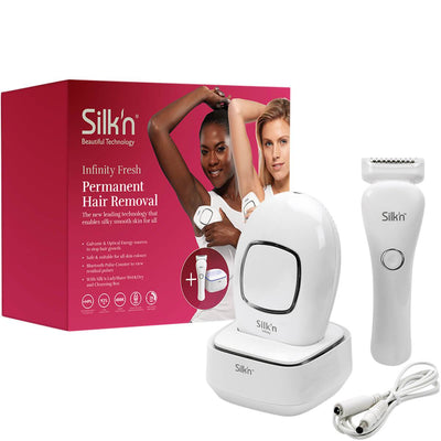 Unboxed Silk'n Infinity Fresh 400K Pulses device with Silk'n Wet & Dry LadyShave Shaver with cable in front of the Silk'n Infinity Fresh 400K Pulses packaging